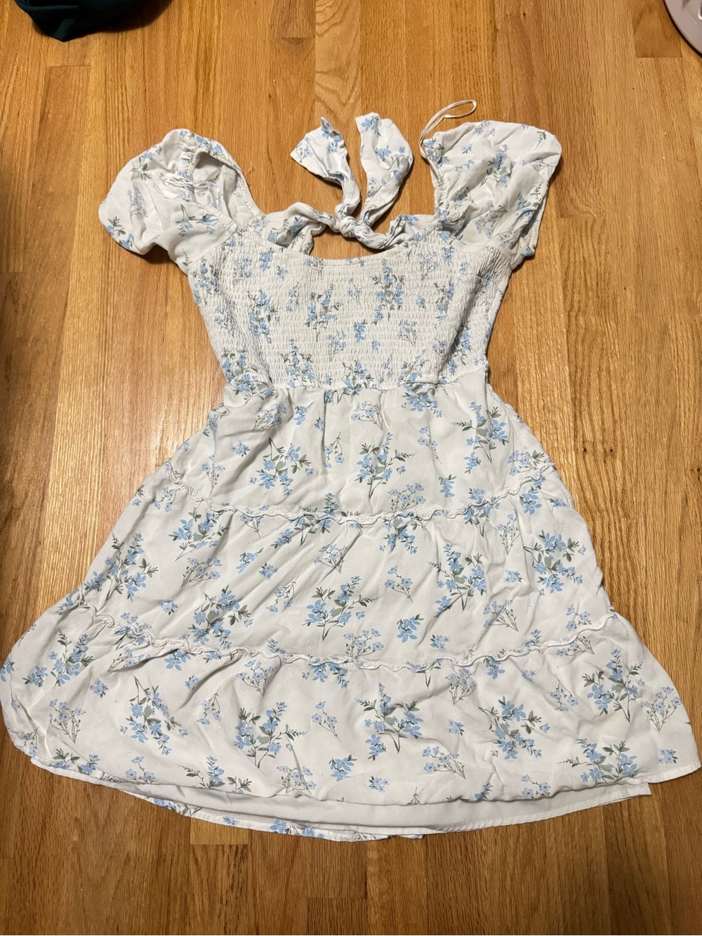 Woman’s White Floral Smocked Sundress with Blue Print